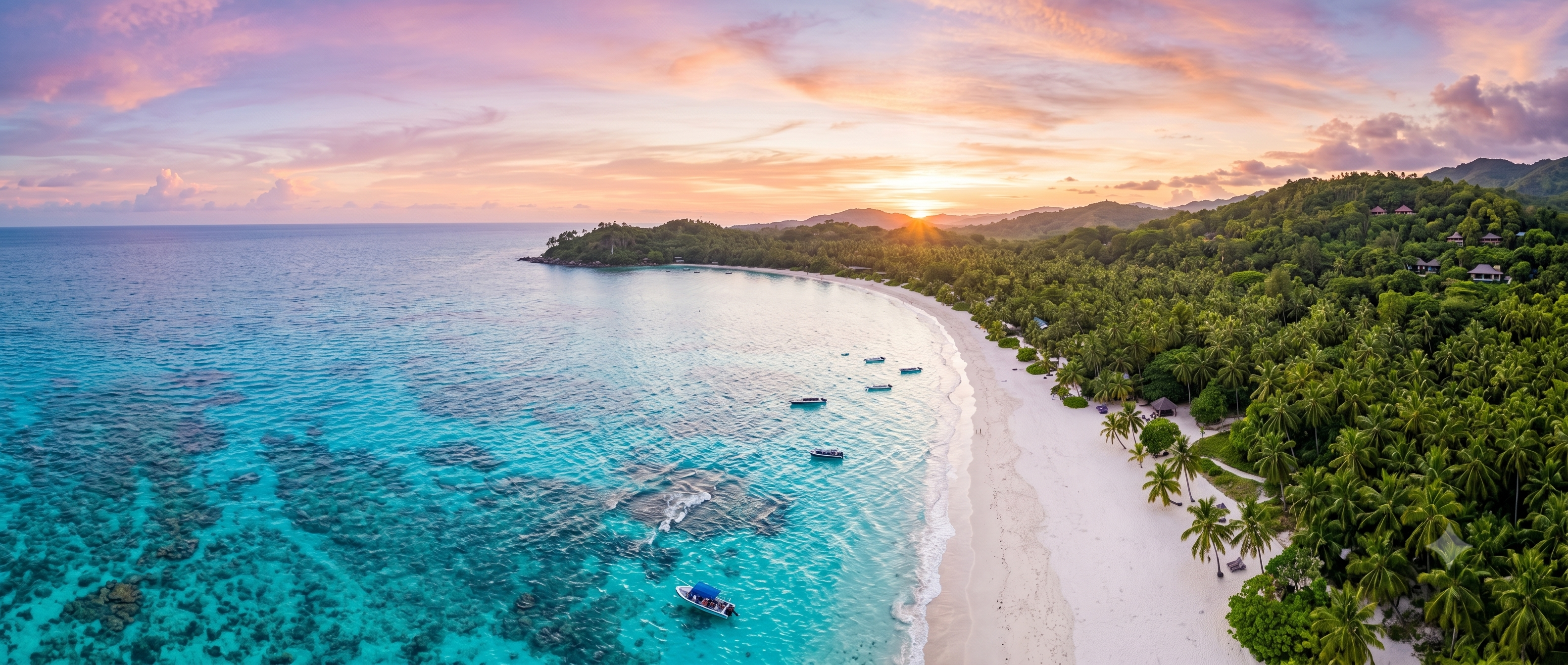 Playa paradisíaca con aguas turquesas al atardecer